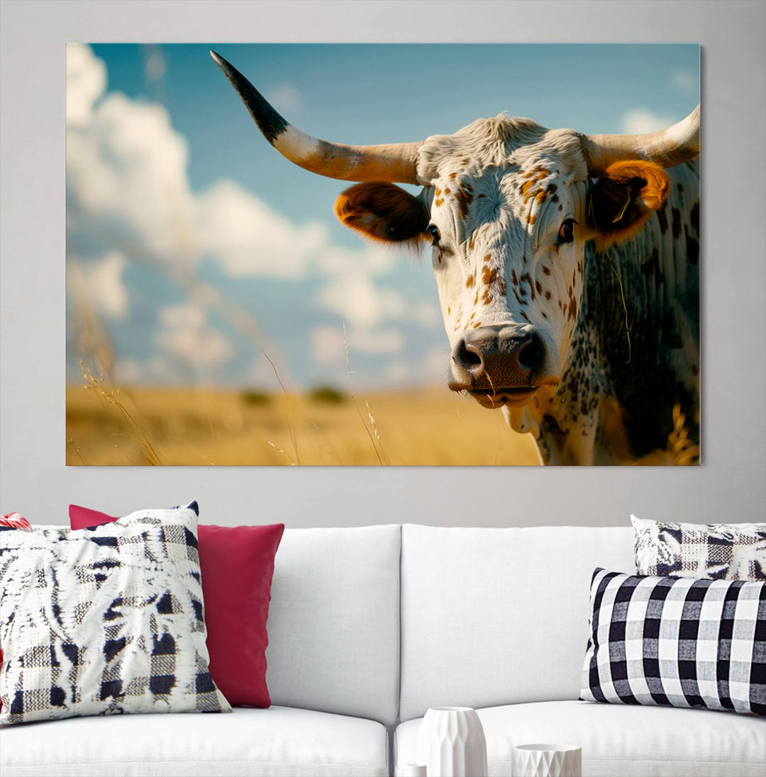 Texas Cow Longhorn Wall Art Canvas Print for Farm House Wall Decor, Farmhouse Wall Art Print