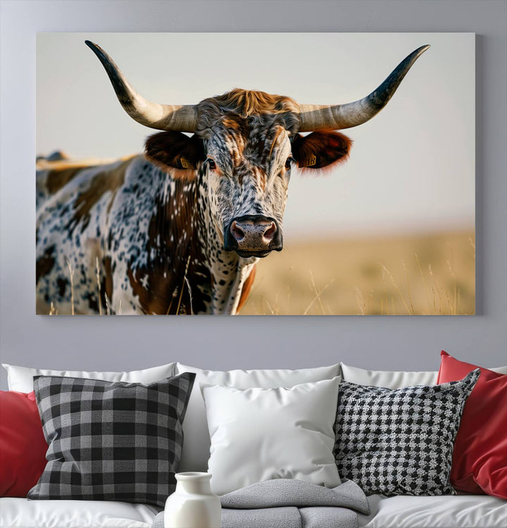 Texas Cow Longhorn Wall Art Canvas Print for Farm House Wall Decor, Farmhouse Wall Art Print