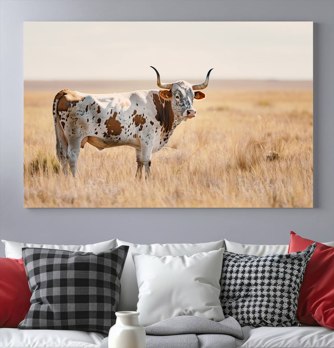 Texas Cow Longhorn Wall Art Canvas Print for Farm House Wall Decor, Farmhouse Wall Art Print