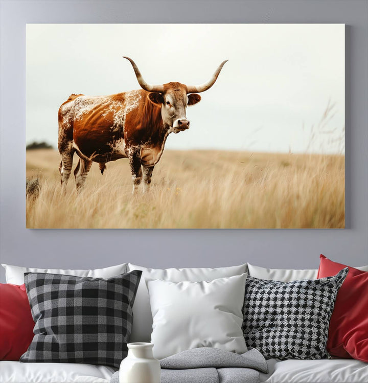 Texas Cow Longhorn Wall Art Canvas Print for Farm House Wall Decor, Farmhouse Wall Art Print