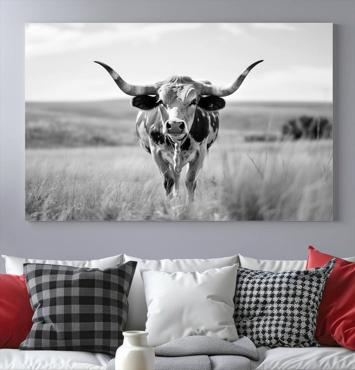 Texas Cow Longhorn Wall Art Canvas Print for Farm House Wall Decor, Farmhouse Wall Art Print