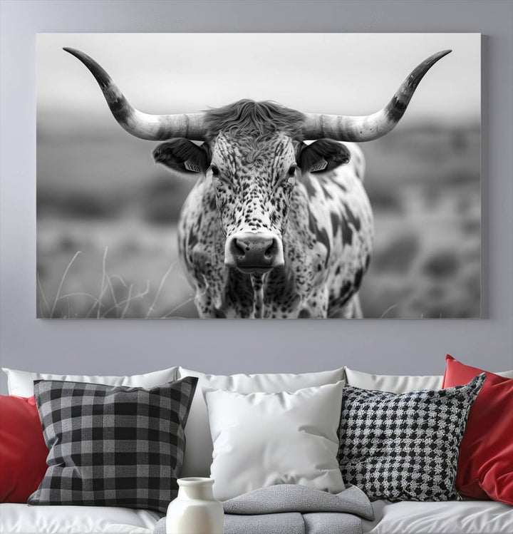 Texas Cow Longhorn Wall Art Canvas Print for Farm House Wall Decor, Farmhouse Wall Art Print