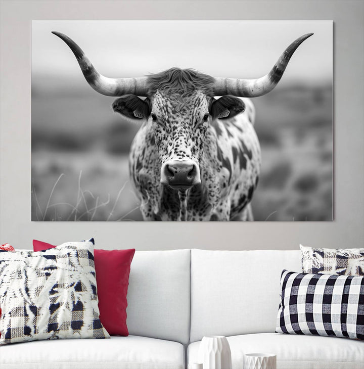 Texas Cow Longhorn Wall Art Canvas Print for Farm House Wall Decor, Farmhouse Wall Art Print