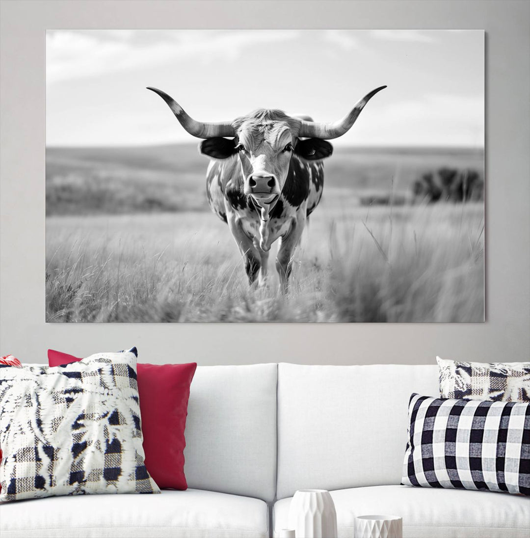 Texas Cow Longhorn Wall Art Canvas Print for Farm House Wall Decor, Farmhouse Wall Art Print