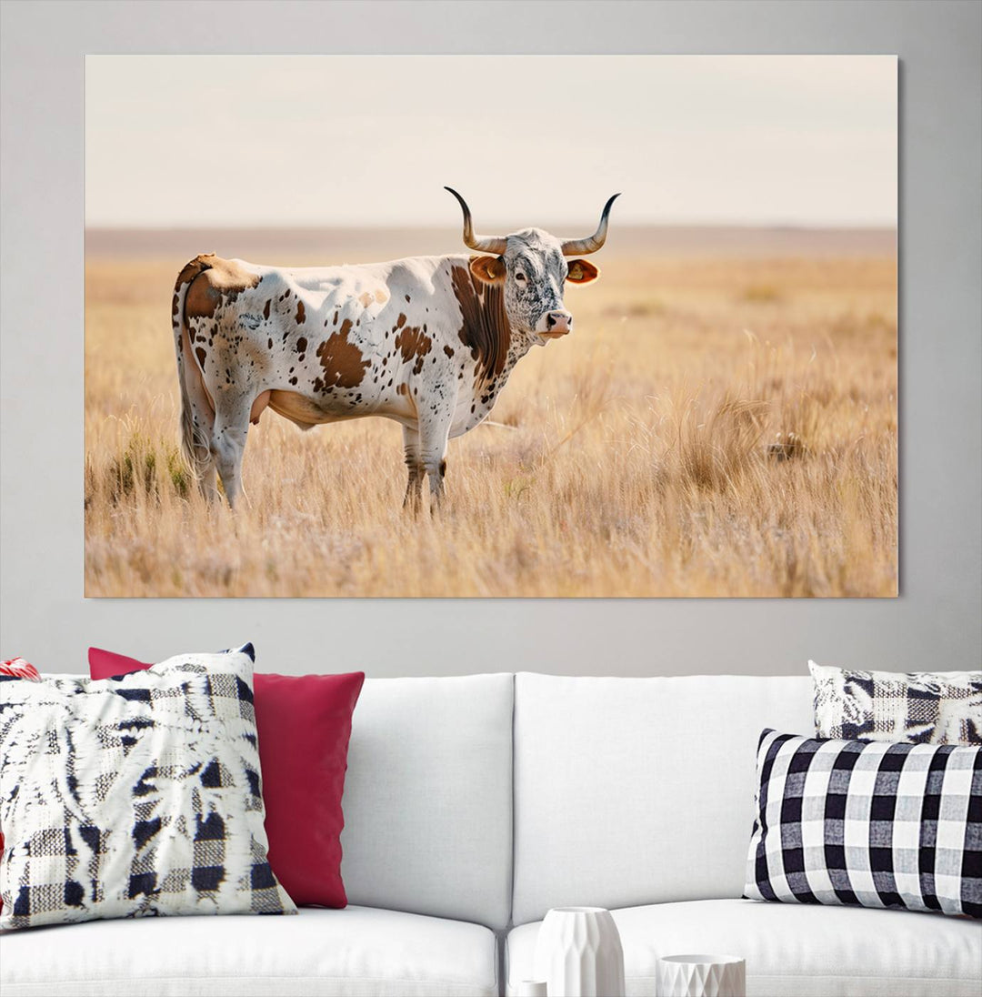 Texas Cow Longhorn Wall Art Canvas Print for Farm House Wall Decor, Farmhouse Wall Art Print