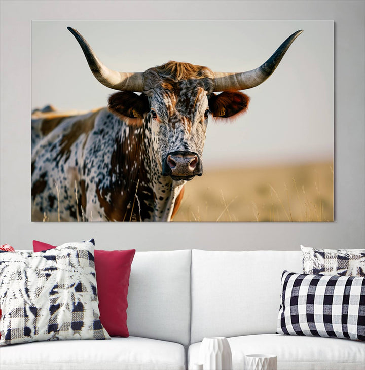 Texas Cow Longhorn Wall Art Canvas Print for Farm House Wall Decor, Farmhouse Wall Art Print