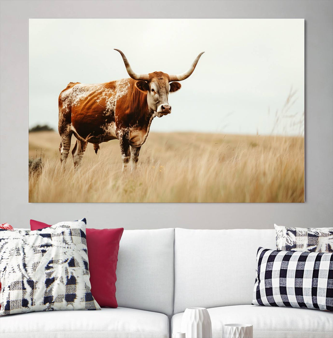 Texas Cow Longhorn Wall Art Canvas Print for Farm House Wall Decor, Farmhouse Wall Art Print