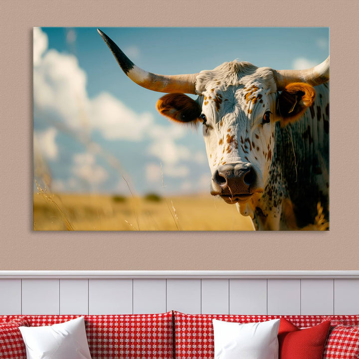 Texas Cow Longhorn Wall Art Canvas Print for Farm House Wall Decor, Farmhouse Wall Art Print