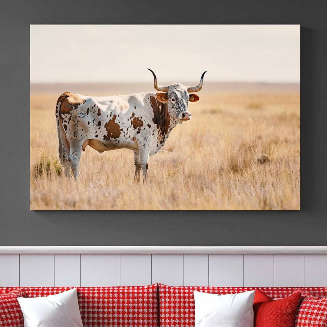 Texas Cow Longhorn Wall Art Canvas Print for Farm House Wall Decor, Farmhouse Wall Art Print