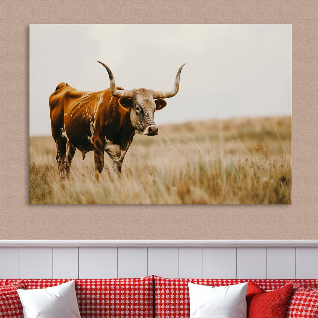 Texas Cow Longhorn Wall Art Canvas Print for Farm House Wall Decor, Farmhouse Wall Art Print