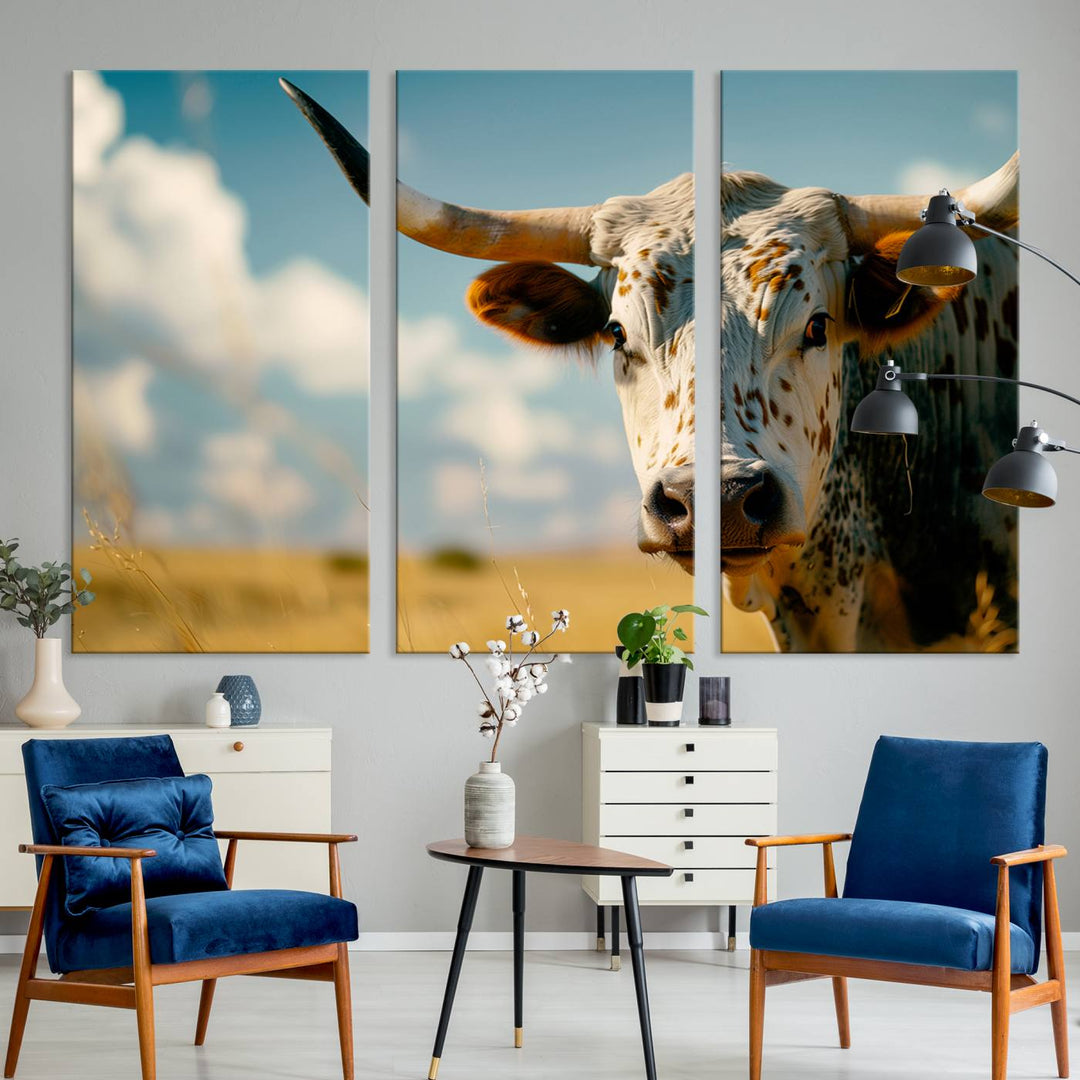 Texas Cow Longhorn Wall Art Canvas Print for Farm House Wall Decor, Farmhouse Wall Art Print