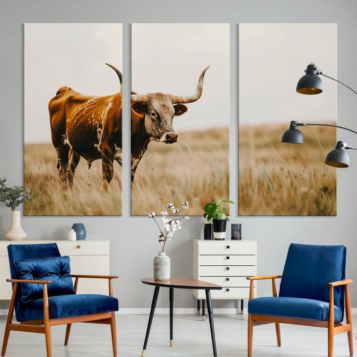 Texas Cow Longhorn Wall Art Canvas Print for Farm House Wall Decor, Farmhouse Wall Art Print