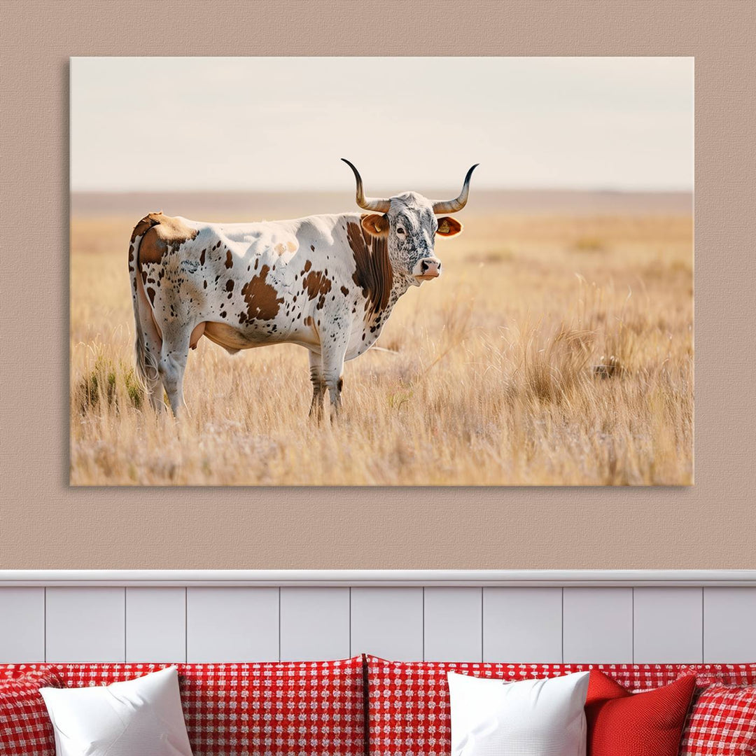 Texas Cow Longhorn Wall Art Canvas Print for Farm House Wall Decor, Farmhouse Wall Art Print