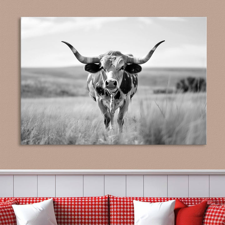 Texas Cow Longhorn Wall Art Canvas Print for Farm House Wall Decor, Farmhouse Wall Art Print