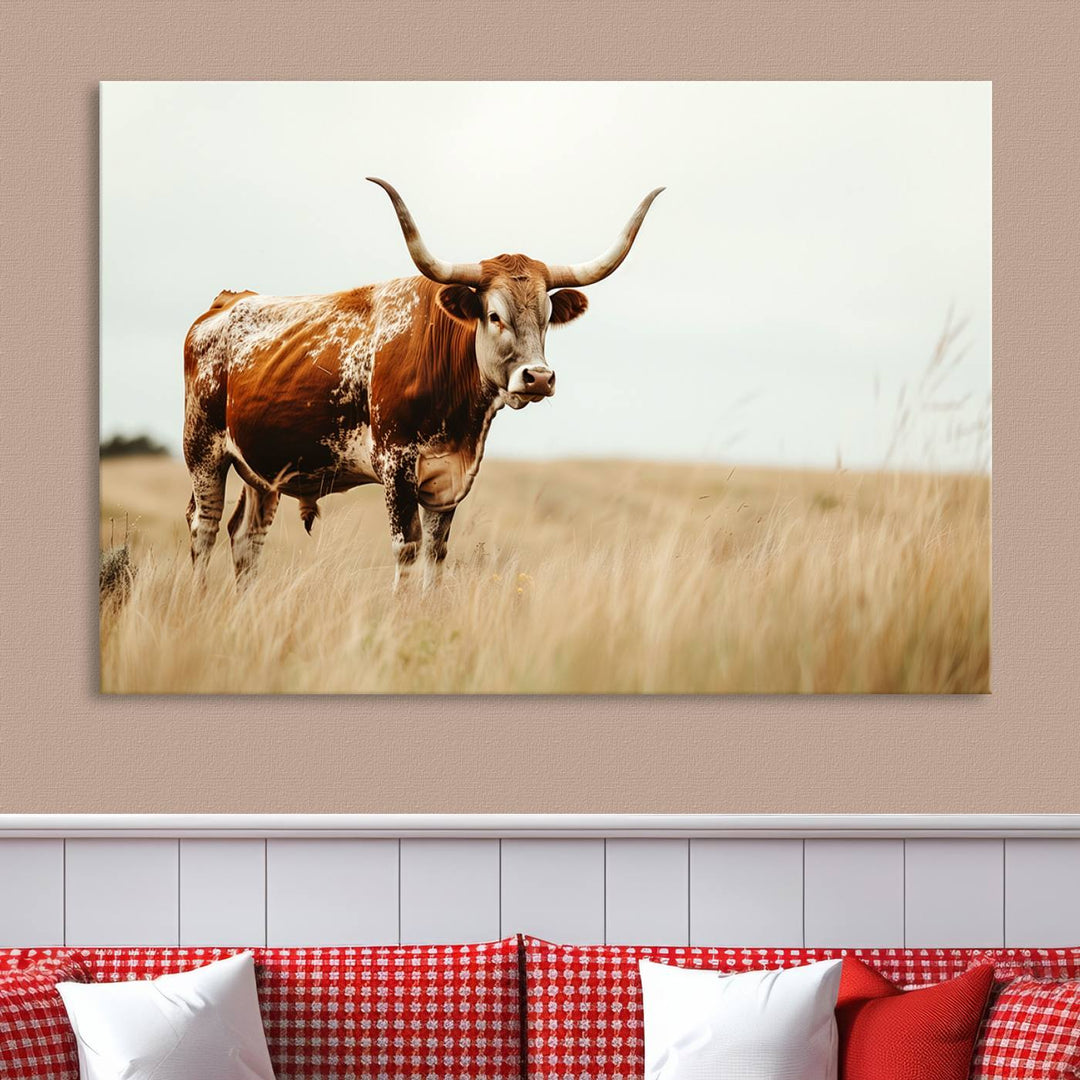 Texas Cow Longhorn Wall Art Canvas Print for Farm House Wall Decor, Farmhouse Wall Art Print