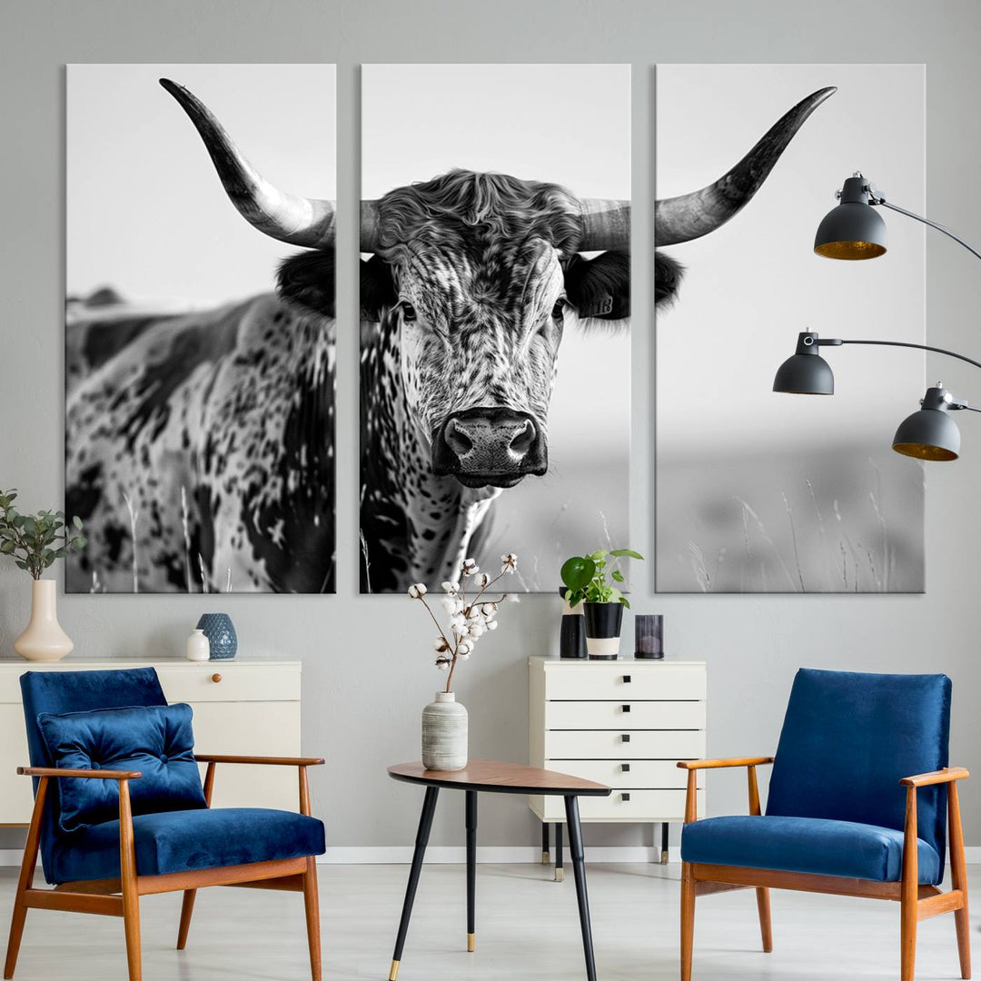 Texas Cow Longhorn Wall Art Canvas Print for Farm House Wall Decor, Farmhouse Wall Art Print