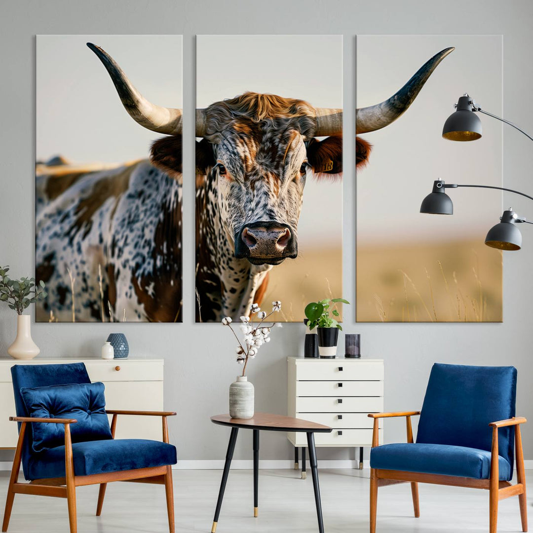 Texas Cow Longhorn Wall Art Canvas Print for Farm House Wall Decor, Farmhouse Wall Art Print