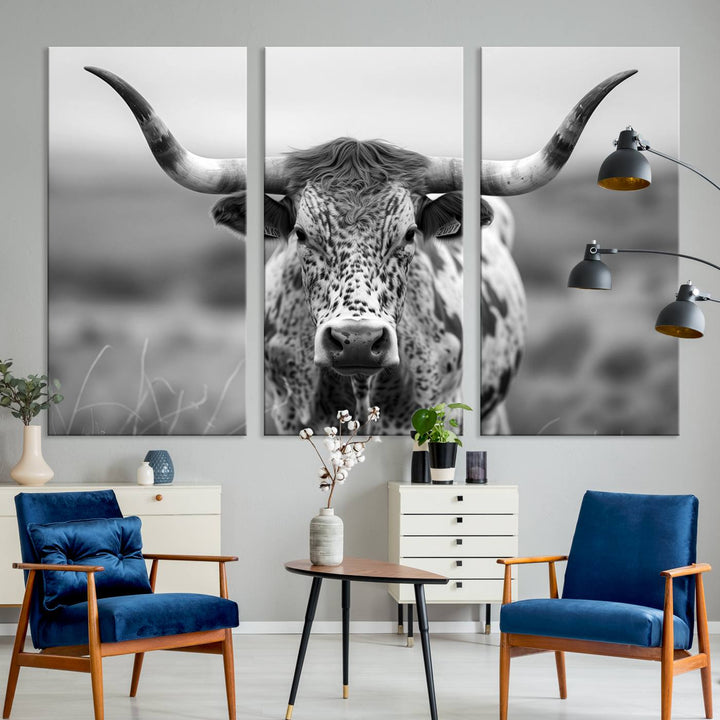 Texas Cow Longhorn Wall Art Canvas Print for Farm House Wall Decor, Farmhouse Wall Art Print