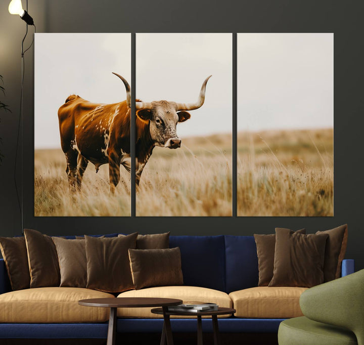 Texas Cow Longhorn Wall Art Canvas Print for Farm House Wall Decor, Farmhouse Wall Art Print