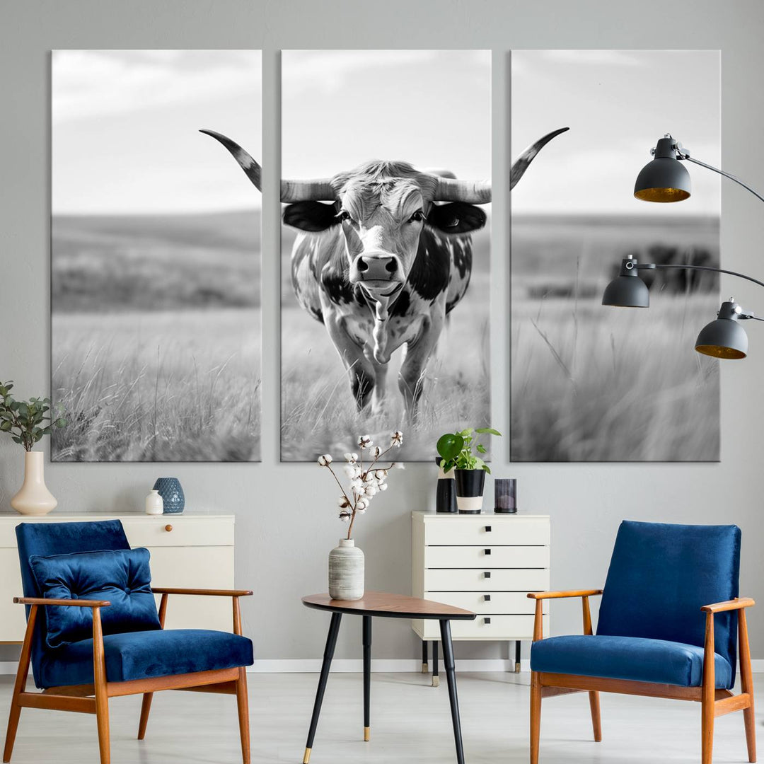 Texas Cow Longhorn Wall Art Canvas Print for Farm House Wall Decor, Farmhouse Wall Art Print