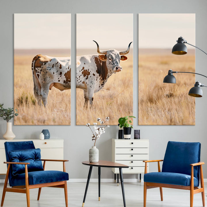 Texas Cow Longhorn Wall Art Canvas Print for Farm House Wall Decor, Farmhouse Wall Art Print