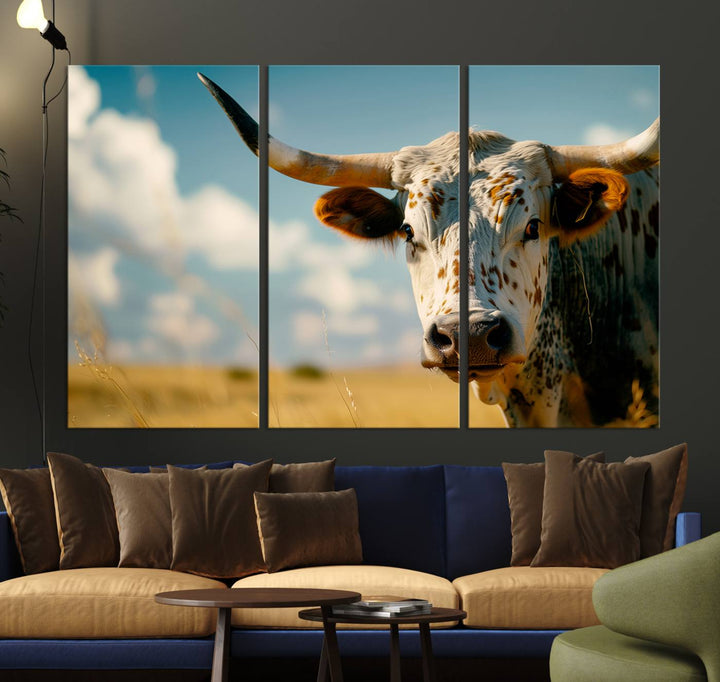 Texas Cow Longhorn Wall Art Canvas Print for Farm House Wall Decor, Farmhouse Wall Art Print