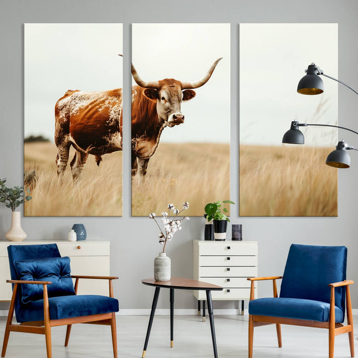 Texas Cow Longhorn Wall Art Canvas Print for Farm House Wall Decor, Farmhouse Wall Art Print