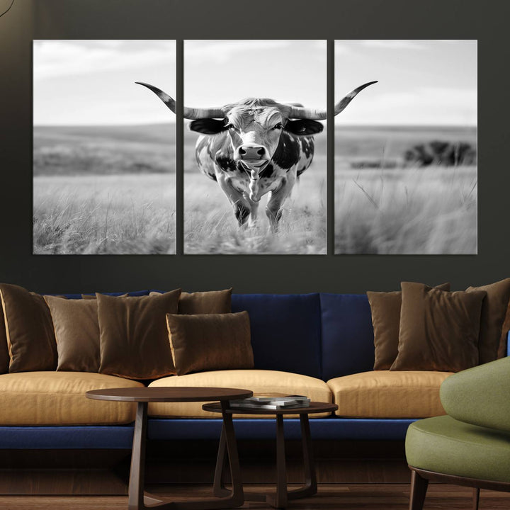 Texas Cow Longhorn Wall Art Canvas Print for Farm House Wall Decor, Farmhouse Wall Art Print