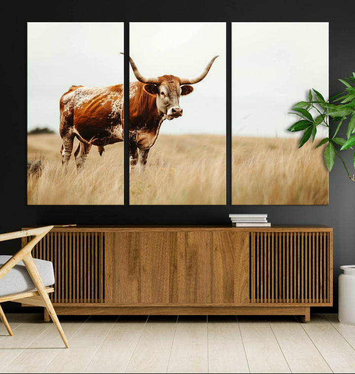 Texas Cow Longhorn Wall Art Canvas Print for Farm House Wall Decor, Farmhouse Wall Art Print