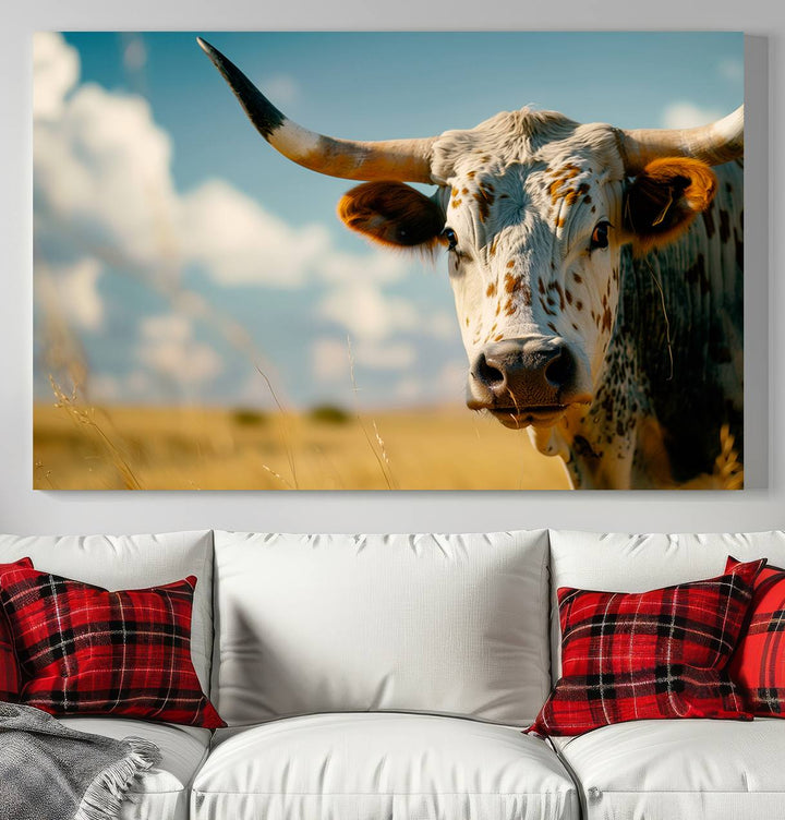 Texas Cow Longhorn Wall Art Canvas Print for Farm House Wall Decor, Farmhouse Wall Art Print