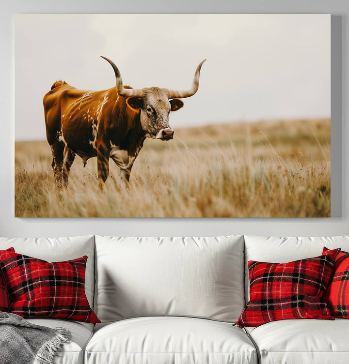 Texas Cow Longhorn Wall Art Canvas Print for Farm House Wall Decor, Farmhouse Wall Art Print