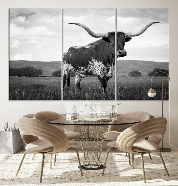 Texas Cow Wall Art Print Black and White Animal Pictures Canvas Wall Decor