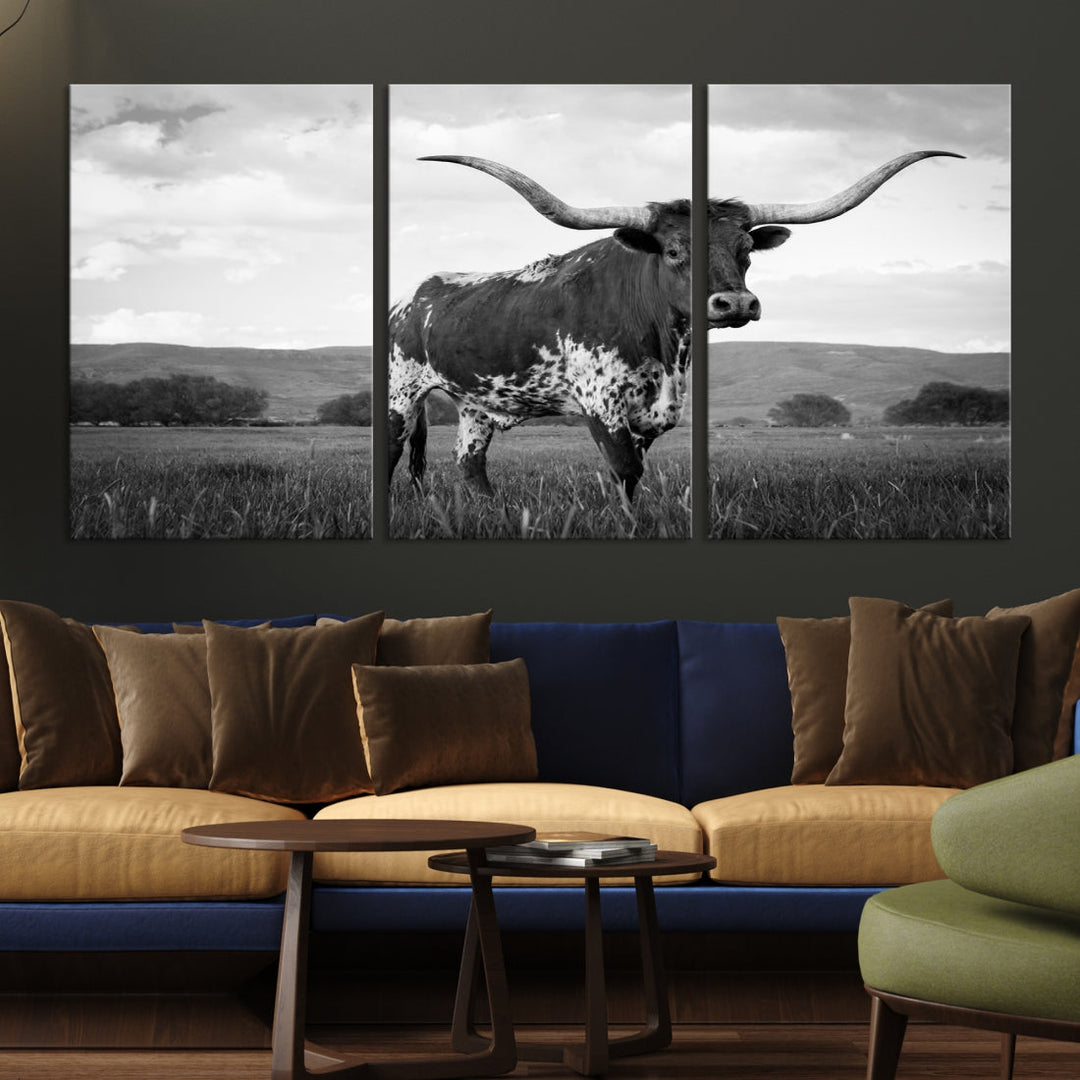 Texas Cow Wall Art Print Black and White Animal Pictures Canvas Wall Decor