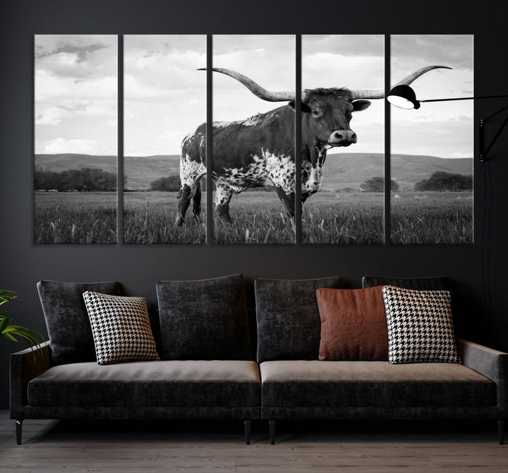 Texas Cow Wall Art Print Black and White Animal Pictures Canvas Wall Decor