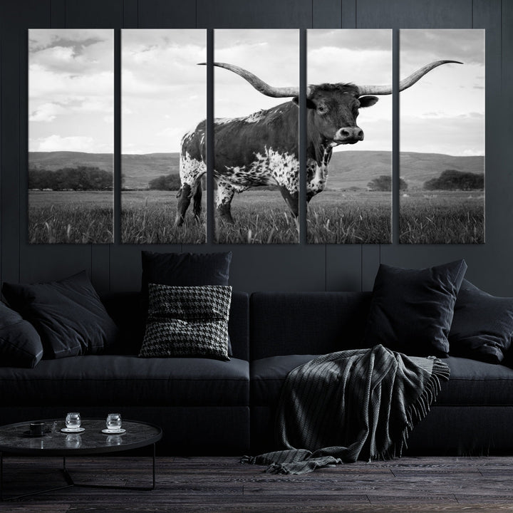 Texas Cow Wall Art Print Black and White Animal Pictures Canvas Wall Decor