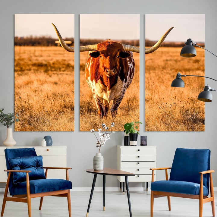 Texas Longhorn Canvas Wall Art Print - Vibrant Rustic Cattle Print for Living Room, Western Farmhouse Wall Decor, Ready to Hang