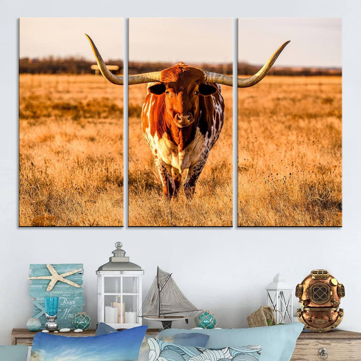 Texas Longhorn Canvas Wall Art Print - Vibrant Rustic Cattle Print for Living Room, Western Farmhouse Wall Decor, Ready to Hang