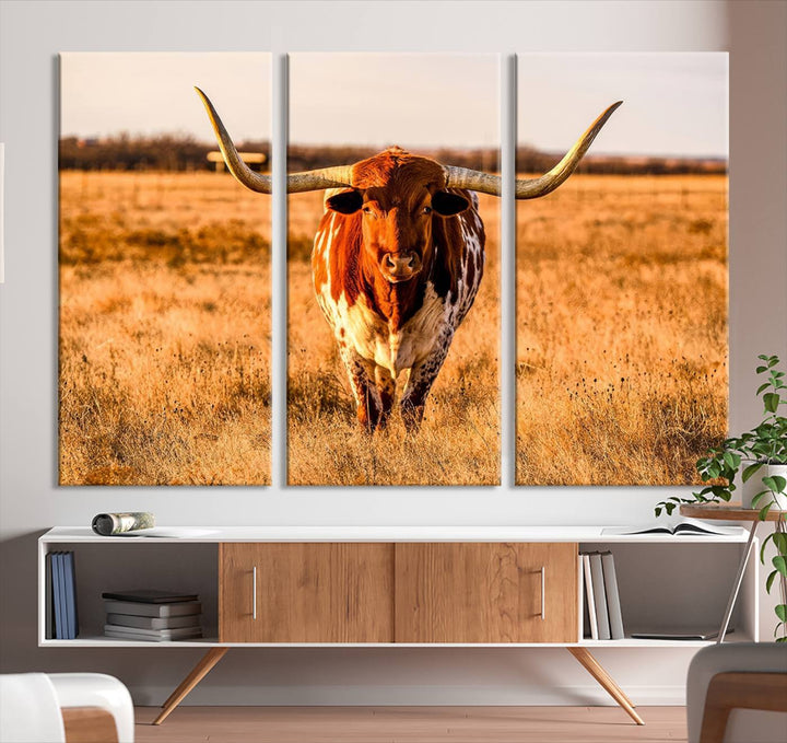 Texas Longhorn Canvas Wall Art Print - Vibrant Rustic Cattle Print for Living Room, Western Farmhouse Wall Decor, Ready to Hang