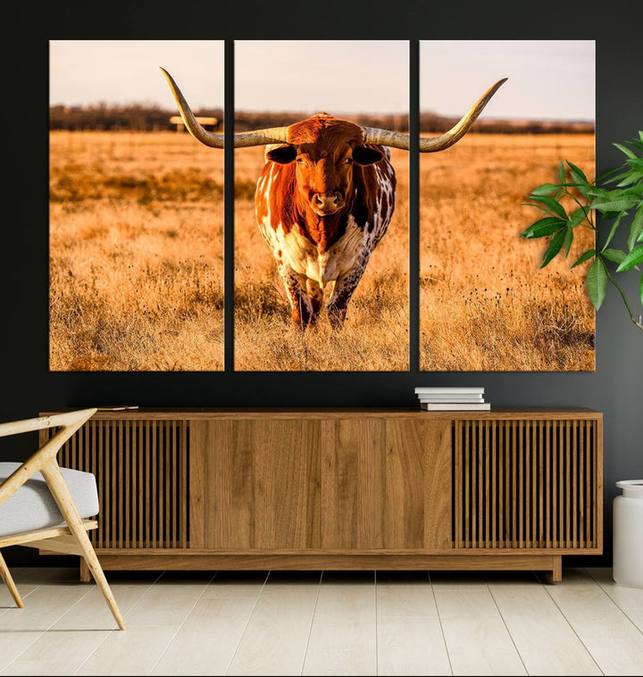 Texas Longhorn Canvas Wall Art Print - Vibrant Rustic Cattle Print for Living Room, Western Farmhouse Wall Decor, Ready to Hang