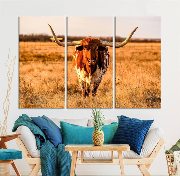 Texas Longhorn Canvas Wall Art Print - Vibrant Rustic Cattle Print for Living Room, Western Farmhouse Wall Decor, Ready to Hang