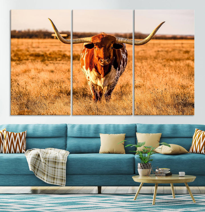 Texas Longhorn Canvas Wall Art Print - Vibrant Rustic Cattle Print for Living Room, Western Farmhouse Wall Decor, Ready to Hang