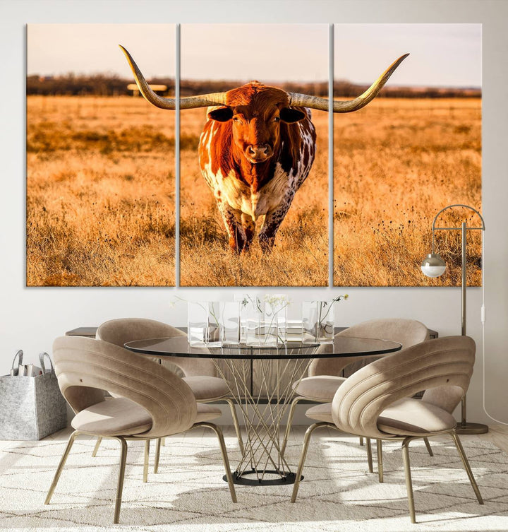 Texas Longhorn Canvas Wall Art Print - Vibrant Rustic Cattle Print for Living Room, Western Farmhouse Wall Decor, Ready to Hang