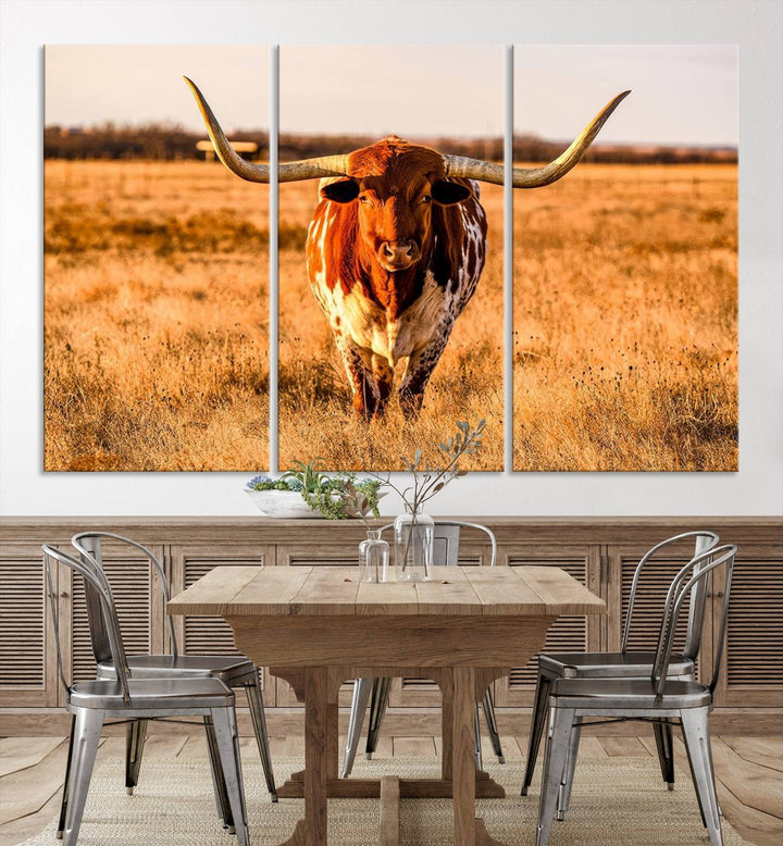 Texas Longhorn Canvas Wall Art Print - Vibrant Rustic Cattle Print for Living Room, Western Farmhouse Wall Decor, Ready to Hang