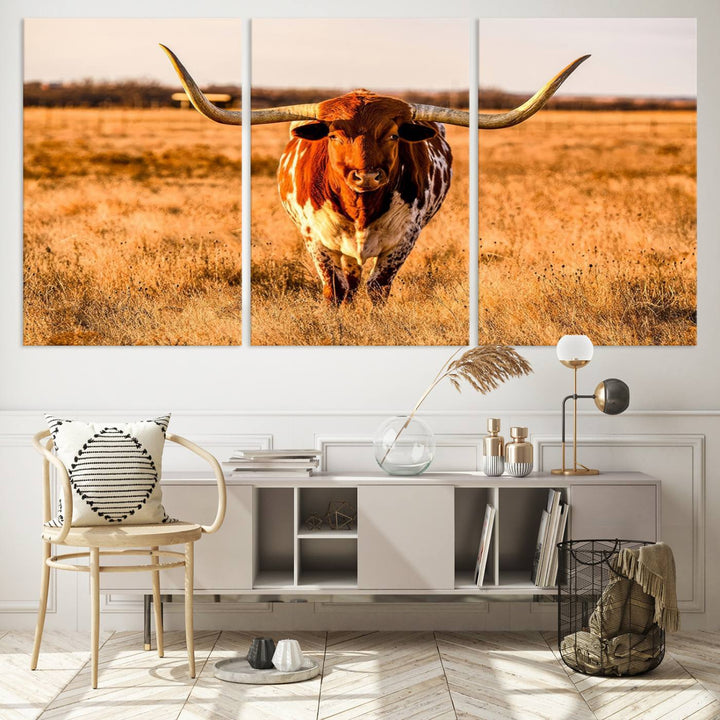 Texas Longhorn Canvas Wall Art Print - Vibrant Rustic Cattle Print for Living Room, Western Farmhouse Wall Decor, Ready to Hang