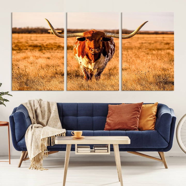 Texas Longhorn Canvas Wall Art Print - Vibrant Rustic Cattle Print for Living Room, Western Farmhouse Wall Decor, Ready to Hang