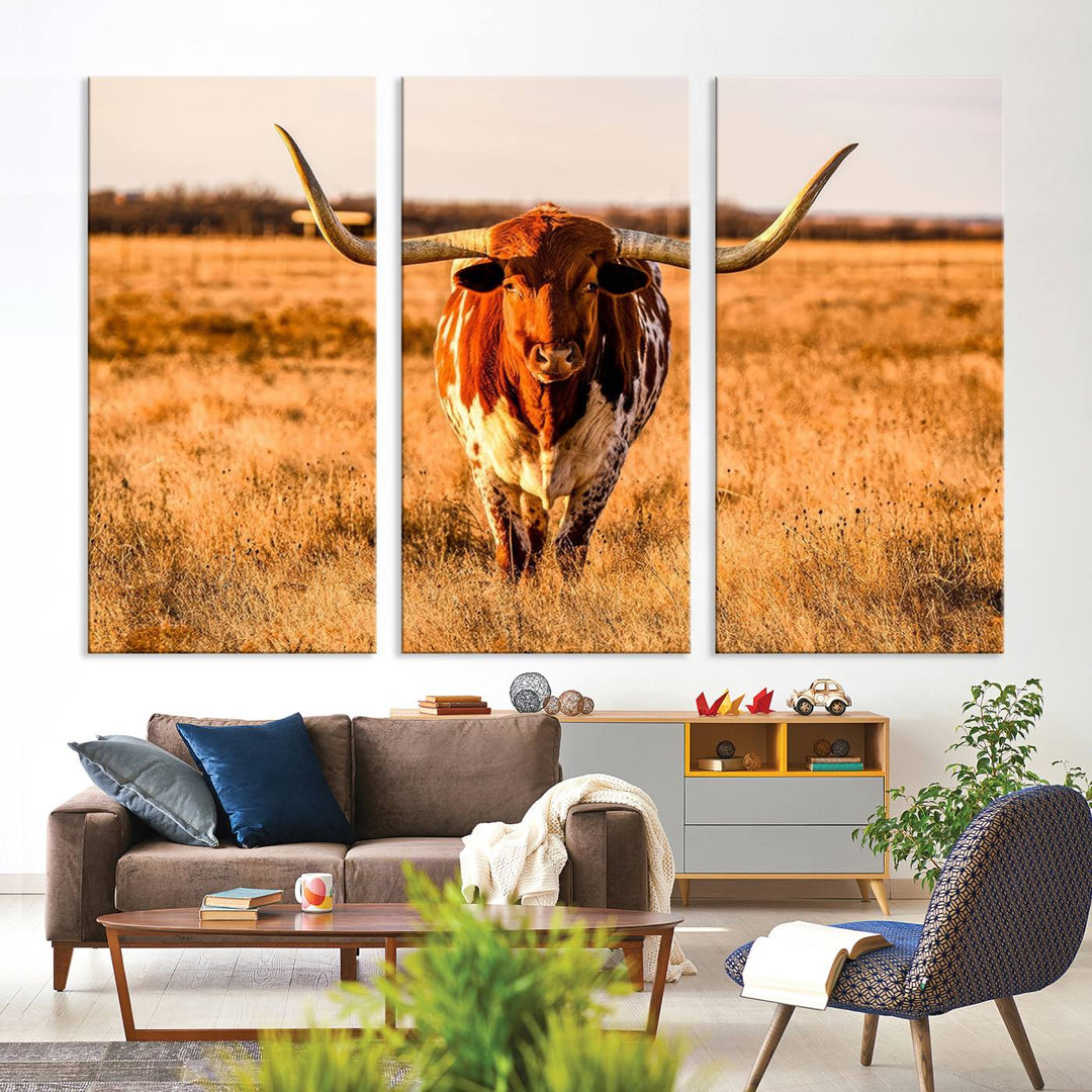 Texas Longhorn Canvas Wall Art Print - Vibrant Rustic Cattle Print for Living Room, Western Farmhouse Wall Decor, Ready to Hang