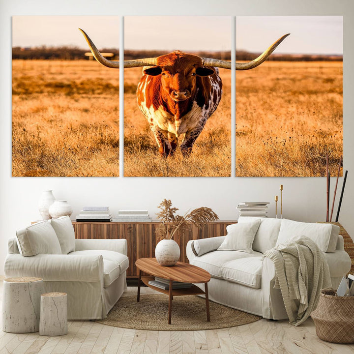 Texas Longhorn Canvas Wall Art Print - Vibrant Rustic Cattle Print for Living Room, Western Farmhouse Wall Decor, Ready to Hang