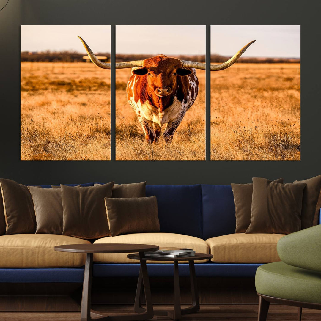 Texas Longhorn Canvas Wall Art Print - Vibrant Rustic Cattle Print for Living Room, Western Farmhouse Wall Decor, Ready to Hang