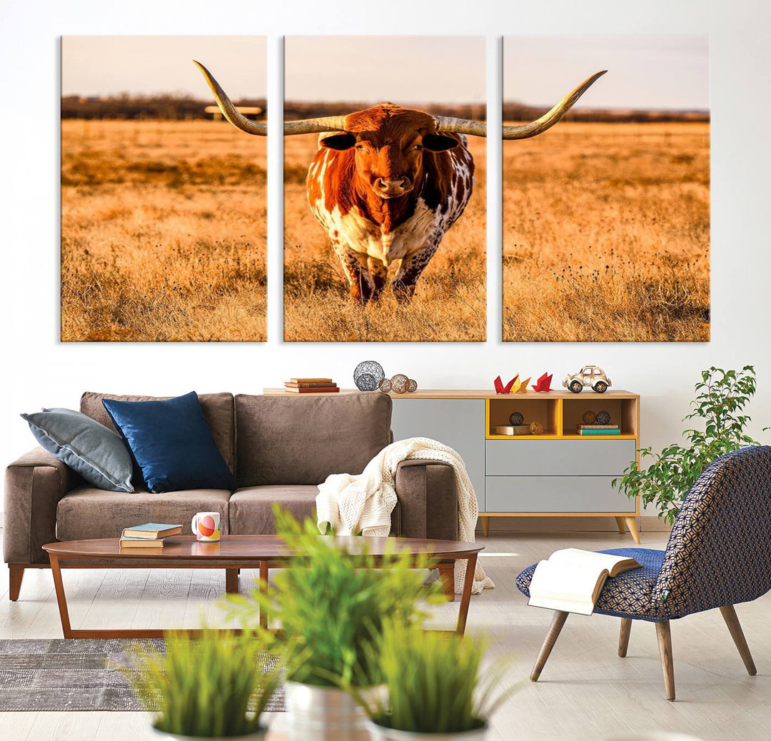 Texas Longhorn Canvas Wall Art Print - Vibrant Rustic Cattle Print for Living Room, Western Farmhouse Wall Decor, Ready to Hang