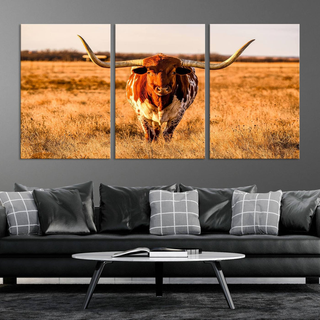 Texas Longhorn Canvas Wall Art Print - Vibrant Rustic Cattle Print for Living Room, Western Farmhouse Wall Decor, Ready to Hang